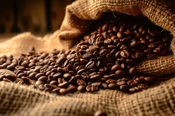 Coffee beans pouring out of a burlap bag onto a wooden surface