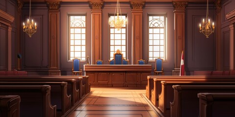 Courtroom interior. Empty Courthouse room interior. Law and Justice concept