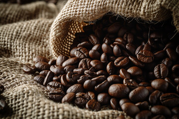 Roasted Coffee Beans in Burlap Sack