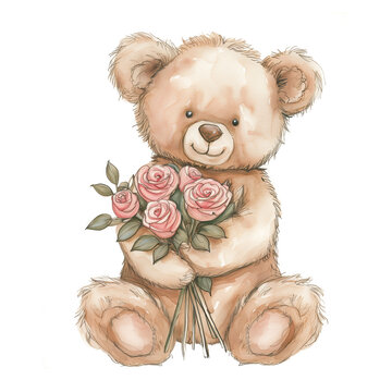 teddy bear holding pink roses clip art preview