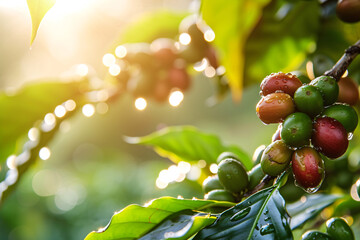 Sunlit Coffee Berries on Branch