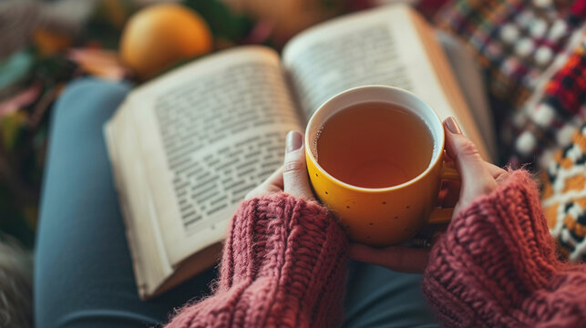 a person holding a cup of tea and an open book