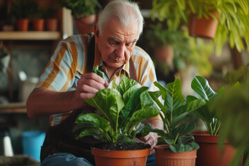Aged Horticulturist Tending to Potted Greenery - obrazy, fototapety, plakaty