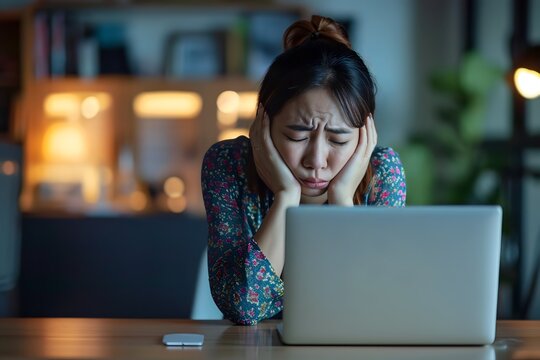 Stressed Out Woman Doesn't Understand Her Computer. Overwhelmed Working From Home Or Office On Laptop. Face In Palms Distressed.