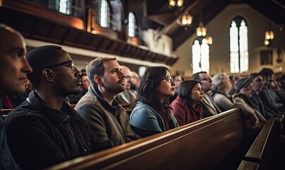 people sit in the church and listen to the pastor's sermon during the service - obrazy, fototapety, plakaty