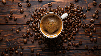 Top view of a rich espresso amidst scattered coffee beans on a wooden surface