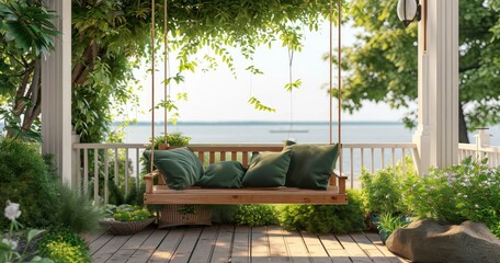 Backyard Bliss - Enjoying the Warmth of Summer on a Wooden Swing with Comfortable Green Pillows - obrazy, fototapety, plakaty