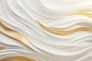 Abstract white and golden waves flowing in perfect harmony, their interwoven movement on a shimmering backdrop creating a sense of opulence and sophistication.