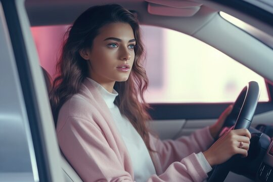 Girl in a car at the wheel