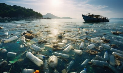 A lot of plastic bottles and other waste materials floating on the surface of the sea. Plastic pollution theme - obrazy, fototapety, plakaty