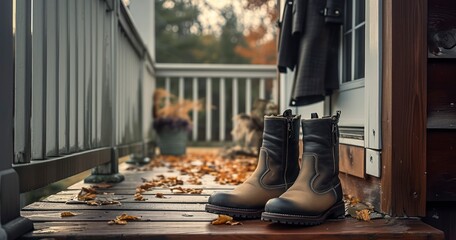 A Warm Coat and Sturdy Boots Poised on a Welcoming Porch