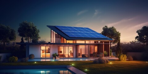minimalistic design Modern house with blue solar panels on the roof