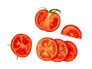 Tomato slices isolated on a white background, top view