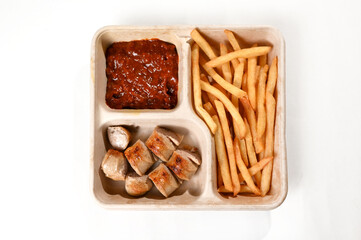 schupfnudeln French fries with sauerkraut Weisswürst white sausage typical German food