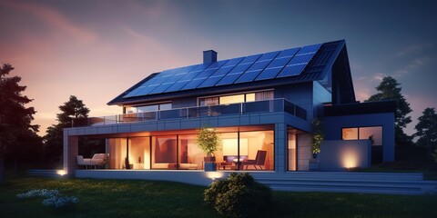 minimalistic design Modern house with blue solar panels on the roof