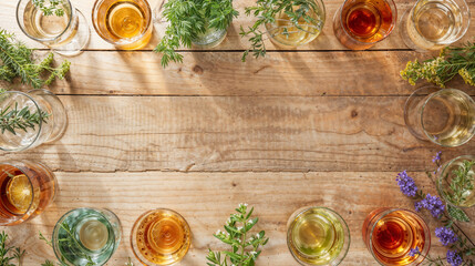 Collection of herbal tea in clear glasses on a wooden table, frame