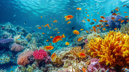 Vibrant Coral Reef Teeming with Colorful Fish in the Red, A Stunning Underwater Snapshot of Marine Life in the Tropical Ocean