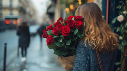 a woman holding a bunch of red roses