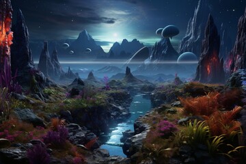 Alien planet with vibrant and alien-like flora and fauna.