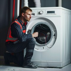man inspecting washing machine