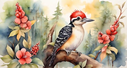 Fototapeta na wymiar Watercolor hand painted cute woodpecker on the forest from Generative AI