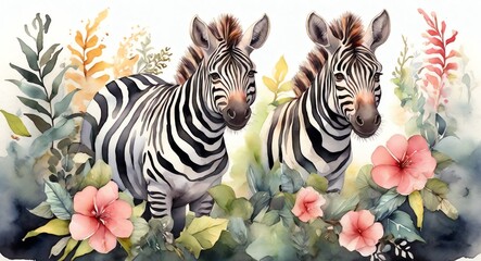 Fototapeta na wymiar Watercolor hand painted cute zebra on the forest from Generative AI