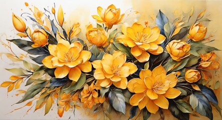 Yellow oil hand painting on canvas arrangements of exotic flowers and leaves, visible brush strokes watercolor from Generative AI