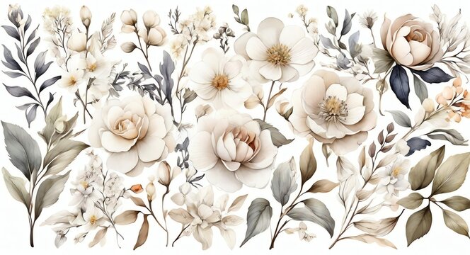 White watercolor hand paint arrangements of flowers, wildflowers, leaves, and branches with botanical theme from Generative AI