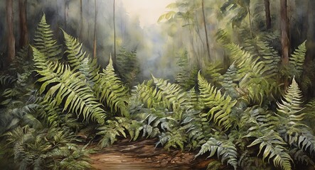 Oil hand painting on canvas of fern leaves on a forest, visible brush strokes watercolor from Generative AI