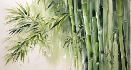 Fototapeta na wymiar Oil hand painting on canvas of green bamboo trees, visible brush strokes watercolor from Generative AI
