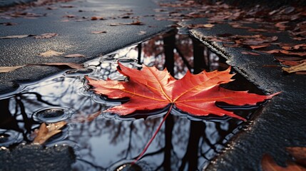 Urban nature's masterpiece: a red autumn leaf gracefully rests in a puddle, a striking contrast to the city's gray.