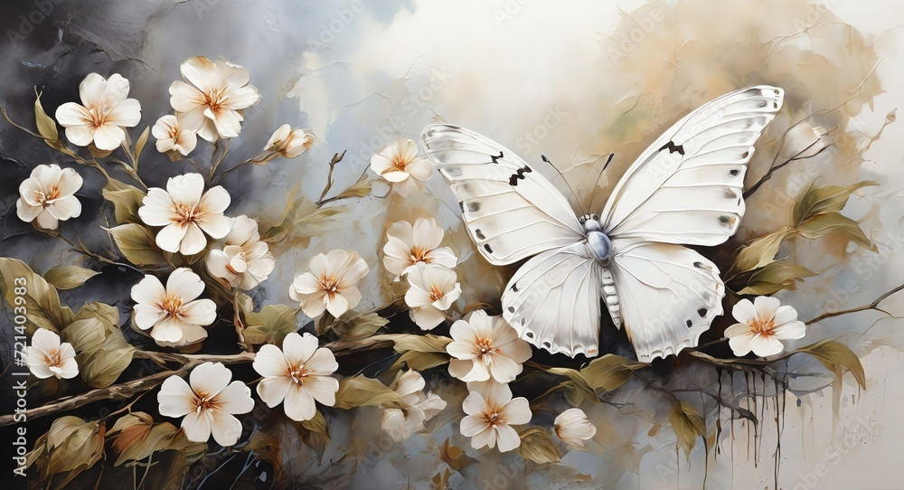 Wall mural Oil hand painting on canvas of white butterfly on a tree branch, visible brush strokes watercolor from Generative AI