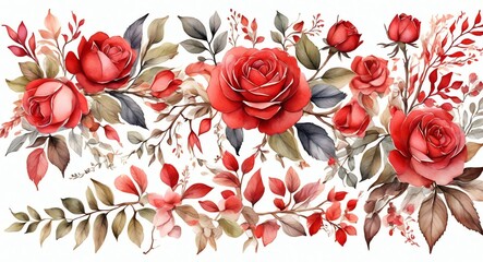 Red watercolor hand paint arrangements of roses, leaves, and branches with botanical theme from Generative AI