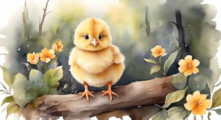 Watercolor hand painted cute chick on the forest from Generative AI