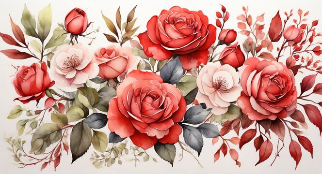 Red watercolor hand paint arrangements of roses, leaves, and branches with botanical theme from Generative AI