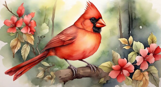 Watercolor hand painted cute cardinal bird on the forest from Generative AI