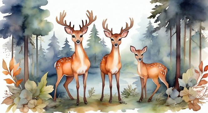 Watercolor hand painted cute deer on the forest from Generative AI