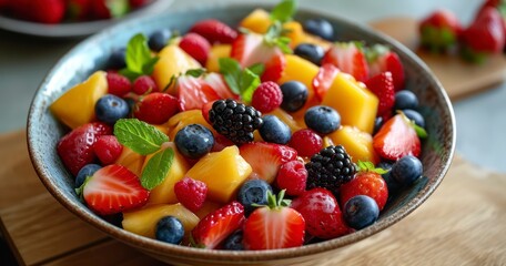Delighting in a Fresh Fruit Salad with Strawberries for a Nutritious Breakfast or Dessert Treat