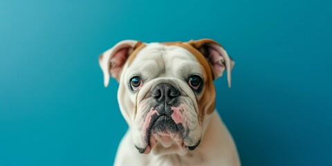Portrait of a Bulldog Against Blue Background