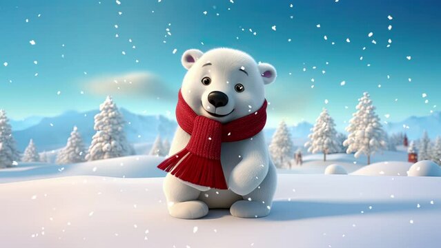 Cute Cartoon Polar Bear with Falling Snow