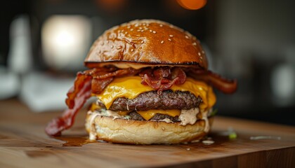 Close-Up of a Delicious Bacon Cheeseburger - obrazy, fototapety, plakaty