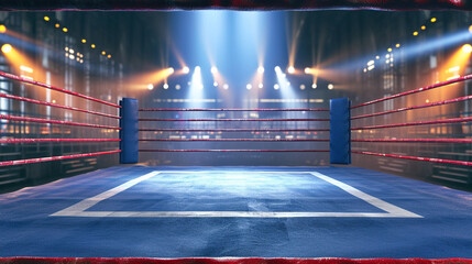 interior of boxing arena with boxing gloves and lights in the night. 3 d rendering