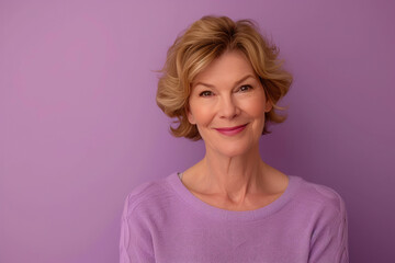 Fototapeta premium Elegant Grinning Lady in Soft Violet Atmosphere