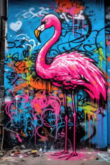 Flamingo with an antenna on graffiti colorful wall