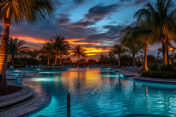 Fototapeta premium Dusk Delight: Pool and Palm Panorama