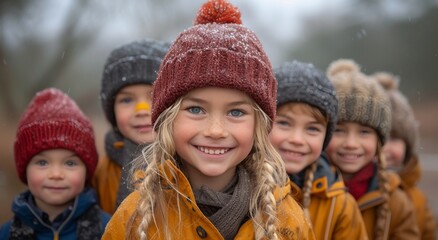 A joyful group of bundled up children with rosy cheeks and bright smiles, wearing cozy winter hats and jackets, playfully exploring the snowy outdoors