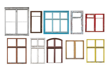 Old window frames of different shapes and colors isolated on white background.