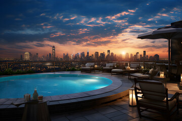 Naklejka premium Rooftop Pool and Bar with Skyline Panorama