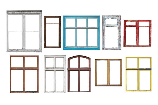 Fototapeta Old window frames of different shapes and colors isolated on white background.