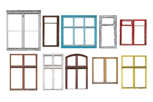 Old window frames of different shapes and colors isolated on white background.